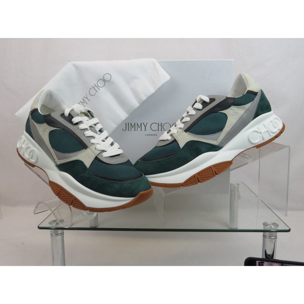 JIMMY CHOO LANDON GREEN GRAY SUEDE BLACK LEATHER PLATFORM SNEAKERS 43.5 10.5